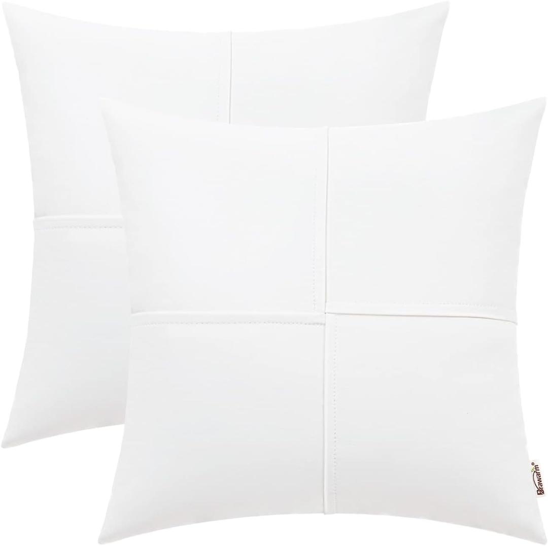 BRAWARM Faux Leather Throw Pillow Covers 16 X 16 Inches, White Leather Pillow Covers Pack of 2, Hand Stitched Leather Decorative Throw Pillows for Couch Sofa Bed Living Room Home Garden