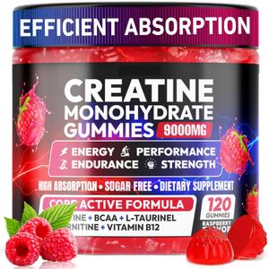 Creatine Gummies Monohydrate Complex 9000MG, Pre-Workout for Men & Women, Creatine Gummy with L-Taurine, BCAA 2:1, B12/6 for Muscle Support, Enhance Strength, Energy Boost-120 Count, Exp date: 10/27/2027