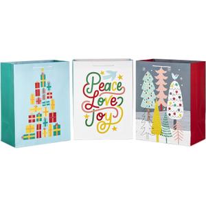 Hallmark Assorted Christmas Gift Bag Bundle (3 Extra Large 17" Gift Bags, 3 Designs) Trees, Presents, Peace, Love, Joy in Pink, Yellow, Mint Green, Gray and White