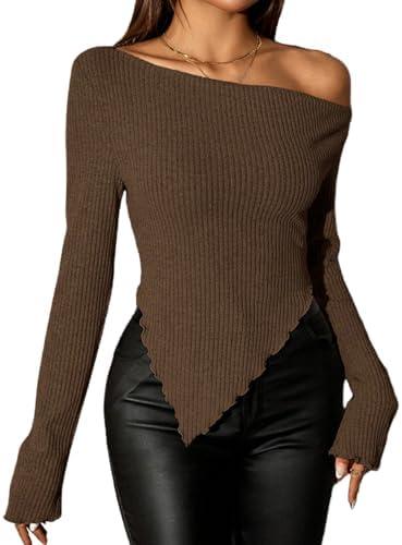 Milumia Women's Sexy Ribbed Knit Asymmetrical Hem Long Sleeve Shirts Top One Off The Shoulder Crop Top, M