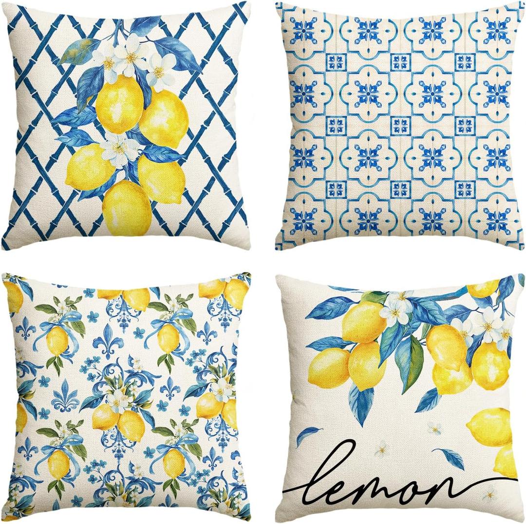 AVOIN colorlife Lemon Summer Throw Pillow Covers, 18 x 18 Inch Bule Diamond Check Bamboo Summer Cushion Case for Sofa Couch Set of 4