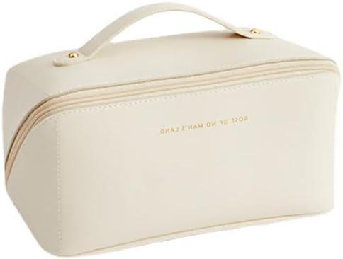 Travel Makeup Organizer Bag, Large Capacity PU Leather Cosmetic Bag for Women, Waterproof Portable Pouch Open Flat Toiletry Bag with Divider and Handle, Spacious Opening and Multi-Compartment Storage