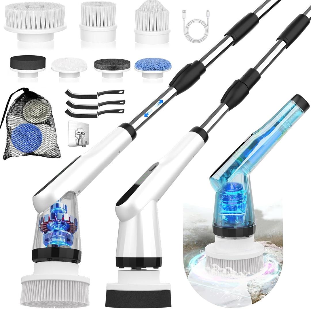 WKY-Electric Spin Scrubber - Upgraded 10-in-1 IPX7 Waterproof Shower Scrubber, Retractable Handle & 2-Speed for Toilet, Bathroom, Bathtub, Tile Floors (Black&white)