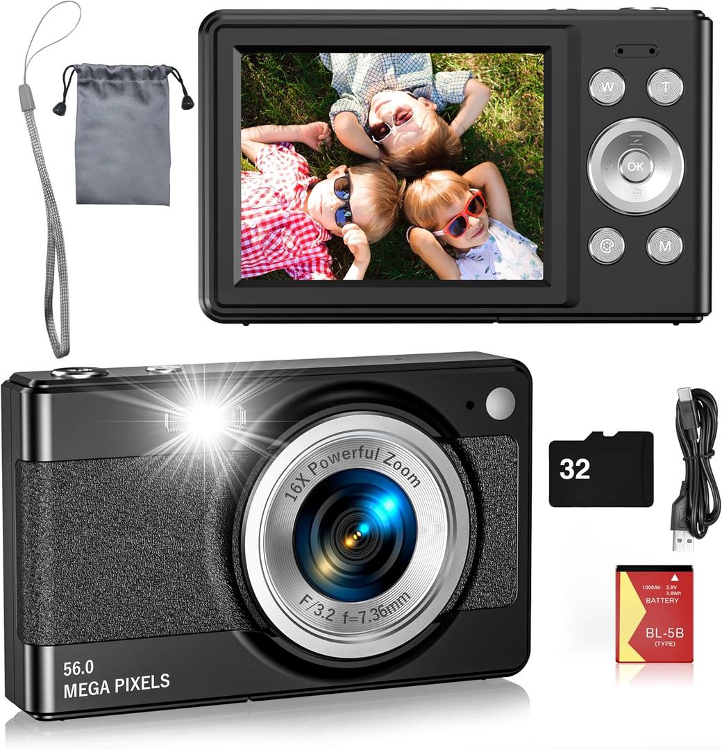 Digital Camera for Kids, FHD 1080P 56MP Autofocus Point and Shoot with 16X Zoom, 32GB TF Card, Battery, Flash, Face Detect, Anti Shake, Compact Travel Cameras for Boys Girls Teens Kids Gift Black