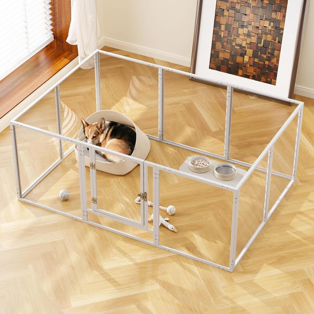 Clear Acrylic Dog Play Pen Indoor Pet Enclosure for Small Dogs & Cats, Outdoor Use with Door, Easy Assemble & Cleaning (White, 24“H, 10-Panel)