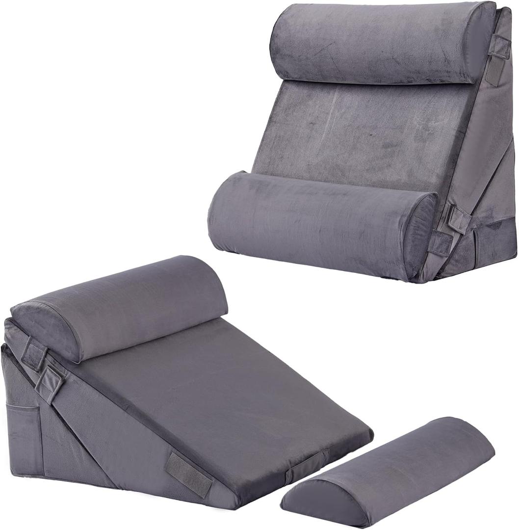 Bedluxe Adjustable 4pcs Bed Wedge Pillow Set, Memory Foam Wedge Pillows Post Surgery for Back, Neck, Leg Pain Relief, Pillow Wedge for Sleeping, Sitting up in Bed, Acid Reflux and GERD, Velvet (Adjustable 9&12 Inch + 2 Head Pillow)