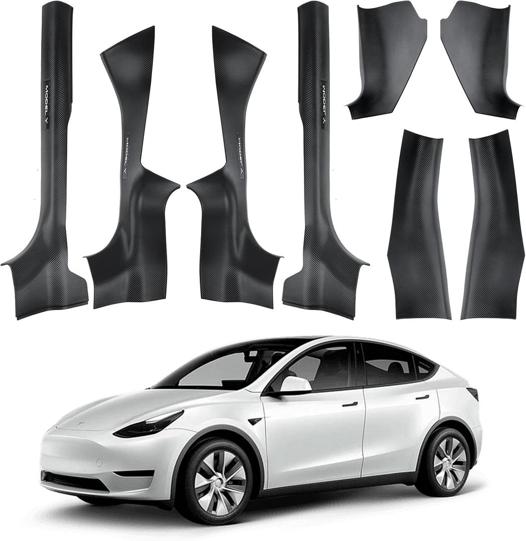 8PCS Door Sill Protector for 5-Seats Tesla Model Y Juniper 2025-2026 - Anti-Kick Carbon Fiber Pattern Entry Guard - Anti-Scuff Waterproof Door Cover - No Drill Installation ABS Hard Interior Kick Pad