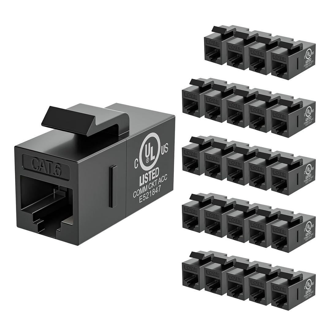 VCE CAT6 RJ45 Keystone Couplers (UL Listed), 25-Pack Ethernet Keystone Jack Female to Female UTP for Cat6/Cat5e/Cat5 Network Cable, 1000 Mbps, Black