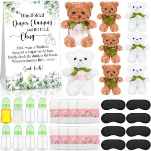 Soulchen 33 Pcs Bear Blindfolded Diaper Changing Shower Games Set Bottle Chug Funny Dolls Diapers for Gender Reveal Raffle Party Game Gifts