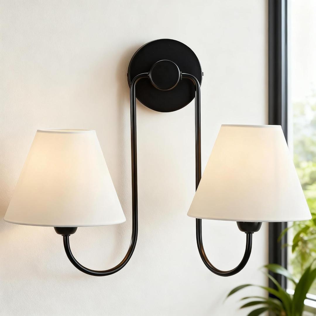 Linen Double Wall Sconce, Retro Swoop Wall Lamp with Aged Brass Metal Arms, 17" W x 16" D x 5" H