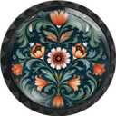 4 Pack Norwegian Rosemaling Folk Style Green Flower Cabinet Knobs Round Drawer Pulls Black Dresser Knob Cupboard Door Handles Hardware for Kitchen Bathroom Cabinets, 4PCS - 1.37"L x 1.1"W