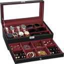 TomCare Watch Box 2-Tier Watch Case Jewelry Organizer Box with Thick Glass Lid Lockable Watch Organizer Jewelry Display Holder Sunglass Rings Necklaces Bracelets Storage Organizer for Men Women (Black and  Red)