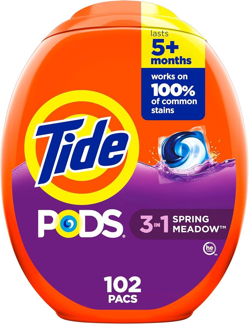 Tide PODS laundry detergent pacs, 3-in-1 Stain Remover, Odor Fighter, Color Protector, 102 Count, HE compatible, Spring Meadow Scent