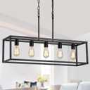 AMZASA Black Rectangle Kitchen Island Lights Rectangular Modern Industrial Chandelier for Dining Room 5 Lights Linear Vintage Cage Light Fixtures UL Listed