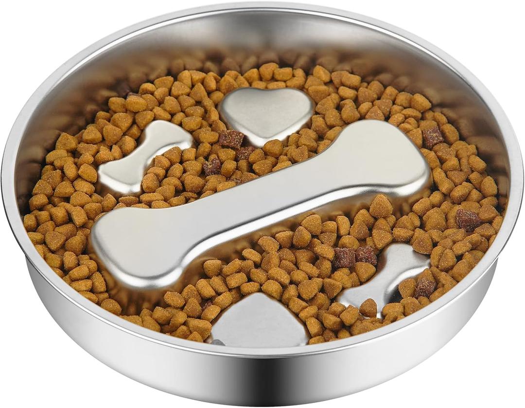 Novery Slow Feeder Dog Bowl - 2 Cups Stainless Steel Dog Slow Feeder Food Bowl, Metal Non-Slip Lick Plate,Puppy or Cat Food Holder,Pet Supplies,Puzzle Maze Dish for Medium Sized Breeds