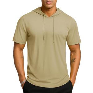 TACVASEN Short Sleeve Hoodies for Men Cotton Hoodies Summer Sweatshirt Lightweight Breathable Workout Shirts Pullover (Beige, M)