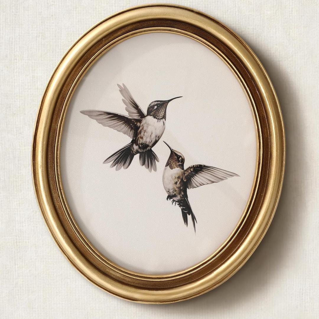 JarThenaAMCS Vintage Gold Framed Wall Art Hummingbird Canvas Prints Ornate Antique Style Picture Frame Sketch Painting for Living Room Bedroom Home Farmhouse Mantel Table Wall Decor, 11.4 x 9.6 Inch