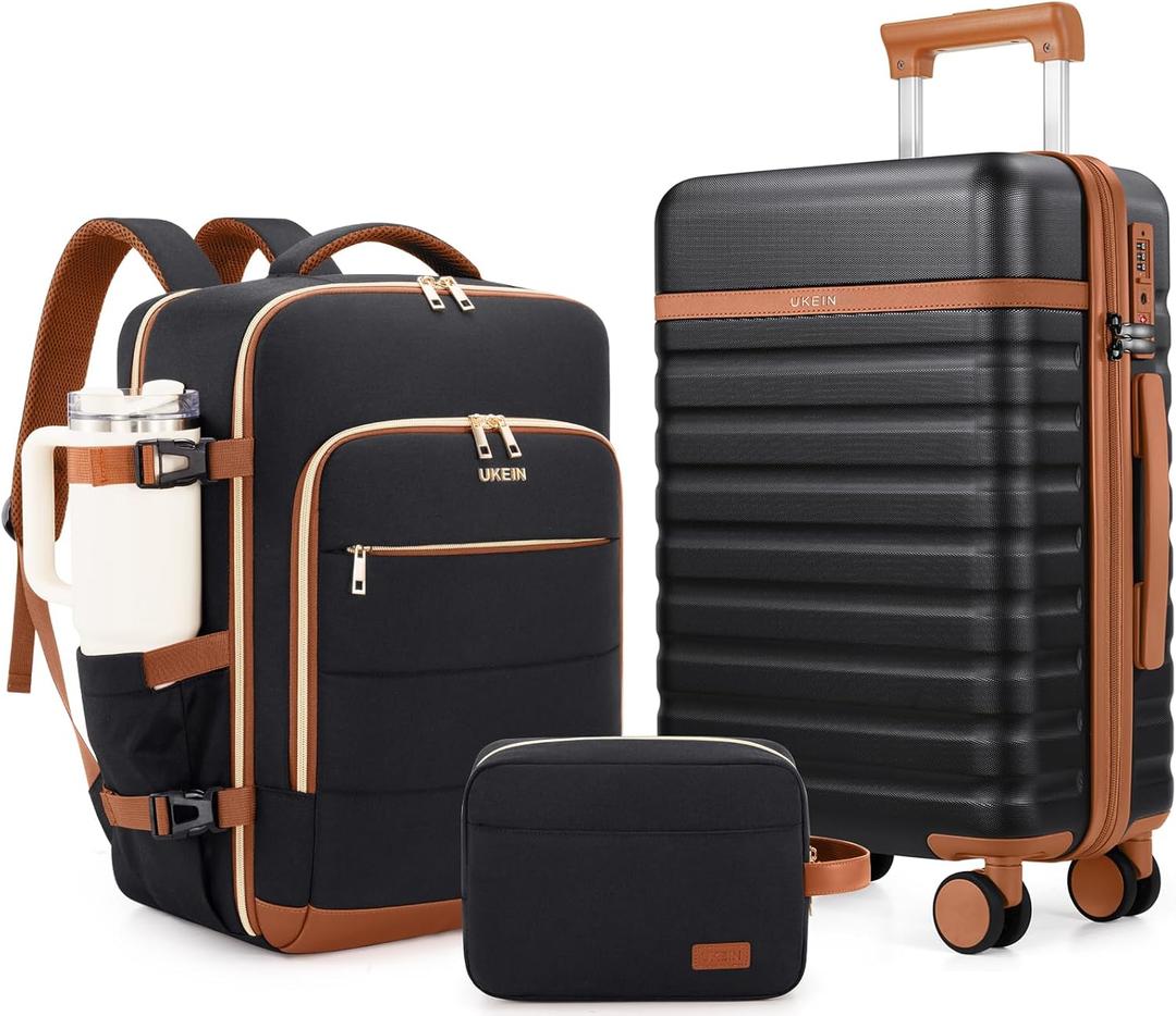UKEIN Luggage Sets 3 Piece, Carry On Luggage 20In With Spinner Wheels, PC Hardside Suitcase Set with TSA Lock, Durable Carry On Suitcase With Travel Backpack for Men (Black Brown, 3 piece set (BP/20inch))