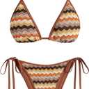 ZAFUL Women's Colorblock Stripes Triangle Halter Tied Cheeky Thong Bikini Set High Cut Two Piece Bathing Suit (Medium, 1-coffee)