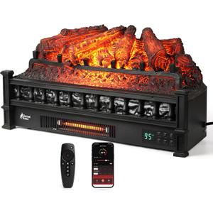 TURBRO Eternal Flame 26 in. WiFi Infrared Quartz Electric Fireplace Log Heater with Sound Crackling, Realistic Pinewood Logs, Adjustable Flame Colors, Remote Control, Thermostat, Timer, 1500W Black