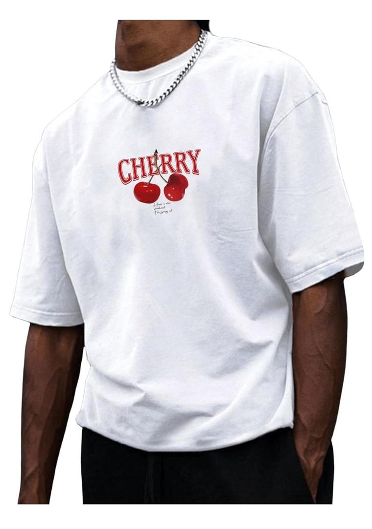 Men's Graphic Tees Cherry Print Short Sleeve Crew Neck T Shirt Loose Summer Tops Trendy, L