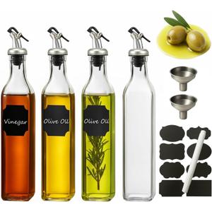 WERTIOO Olive Oil Dispenser Bottle,4Pack 17 OZ Glass Oil Dispenser for Kitchen with 4 Pourer,2 Stainless Steel Funnel & 1 Pen and 8 Label for Kitchen (500ml) (Clear)