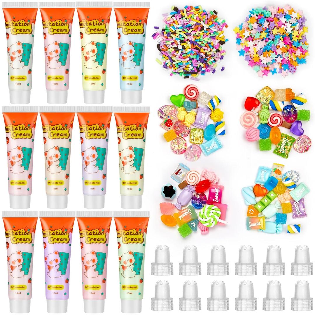 Lineshading 12 Set DIY Phone Case Kit Whipped Cream Glue Kit Include 12 Simulation Cream Glue 15ml with Nozzle 2 Pack Theme Decorations 2 Pack Decorating Accessories for Craft Birthday Gift(Candy)