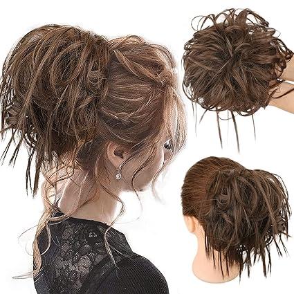 HMD 2PCS Messy Hair Bun Hair Piece Tousled Updo Messy Bun Messy Curly Hair Bun Extensions Synthetic for Women, Messy Donut Updo Chignons Hair Piece for Daily Wear, 8 L (Medium Chestnut Brown)