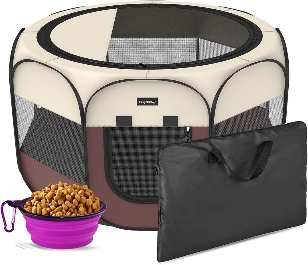Portable Pet Playpen, 8-Panel Indoor/Outdoor Puppy Pen with Shade Cover & Travel Bag - Waterproof Dog Cat Tent Includes Collapsible Bowl (Brown)