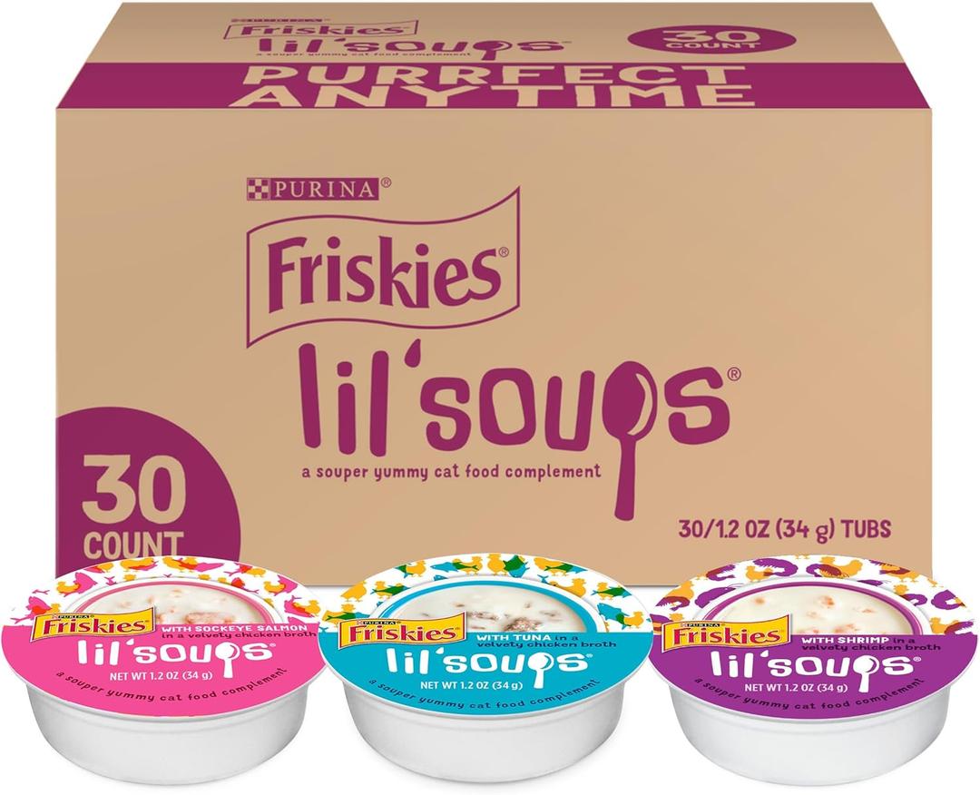Friskies Purina Grain Free Wet Cat Food Lickable Cat Treats Variety Pack, Lil' Soups With Salmon, Tuna or Shrimp - (Pack of 30) 1.2 oz. Cups, BB 01/2028