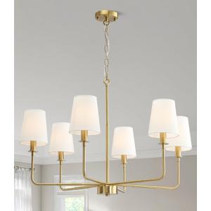 6-Light Classic Chandelier with Brushed Gold Finish & Linen Shades, E12 Base Rustic Ceiling Light Fixture for Kitchen Island, Dining Room, Entryway, Industrial Farmhouse Lighting