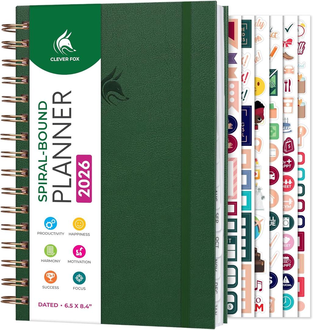 Clever Fox Dated Planner with Tabs 2026  Weekly & Monthly Spiral Planner with Habit Tracker for Goal Setting & Time Management (Forest Green)