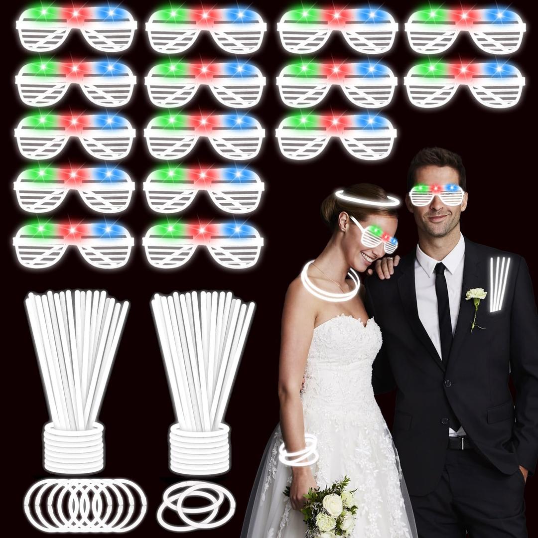 115 PCS Glow in the Dark Party Supplies,100PCS White Glow Stick Necklaces Bracelets Bulk,15PCS LED Glasses,LED Light Up Toy for Easter Mother's Day July 4th Valentine's Day Wedding Birthday