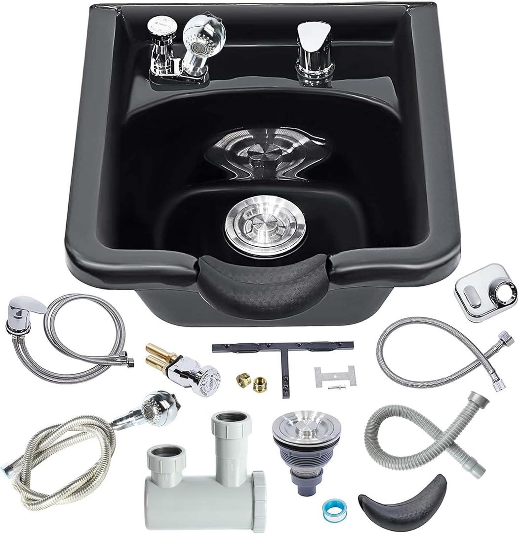 Shampoo Bowl for Salons, Black ABS Plastic Shampoo Sink for Home, Easy to Clean and Install Salon Shampoo Bowls for Hair Stylist, 19x19x10.75 inches