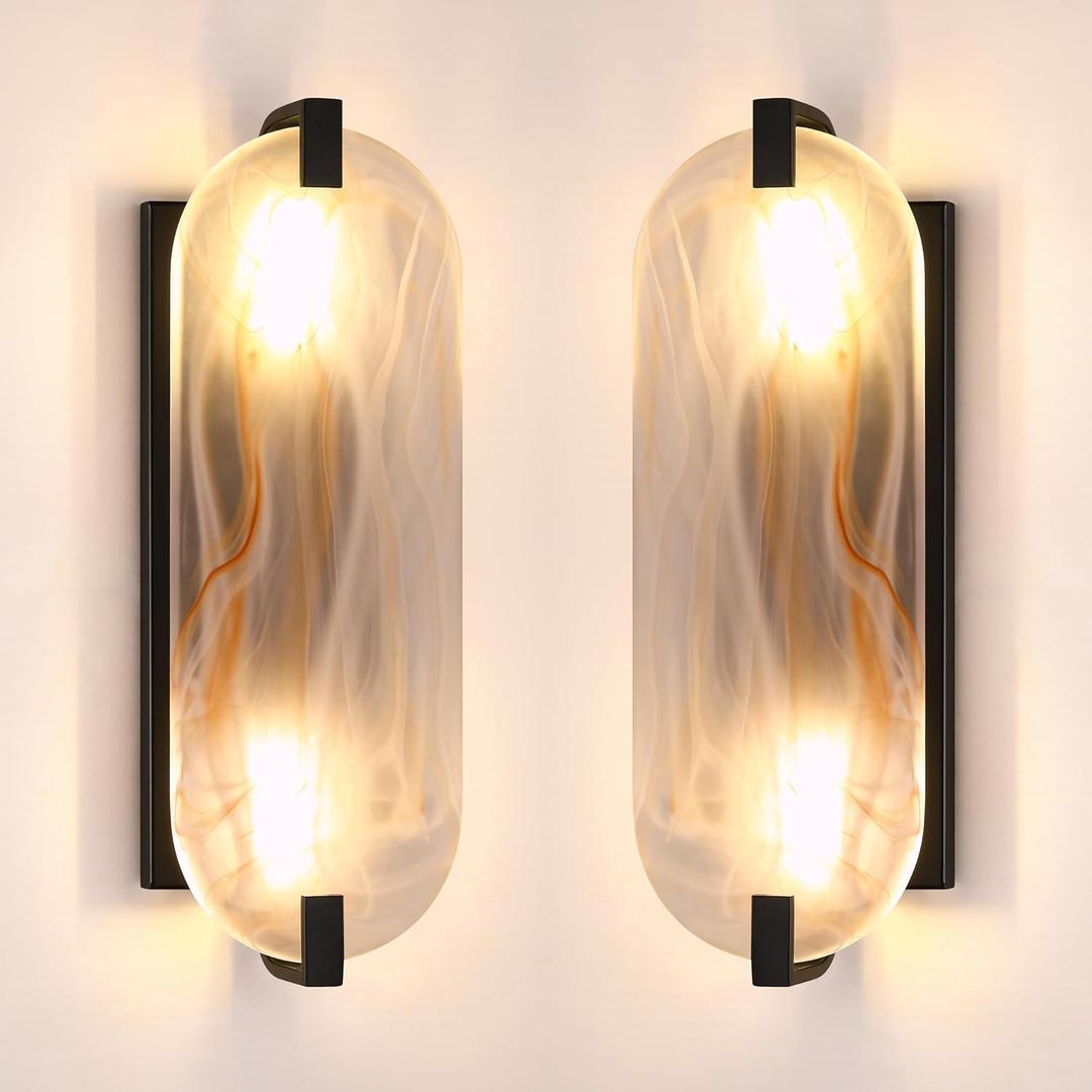 2 Pack 2 Light Oval Red Frosted Glass Bathroom Wall Sconce Modern Concise Style Wall Light Fixture,Black Finish for Bedroom Hallway Bedside