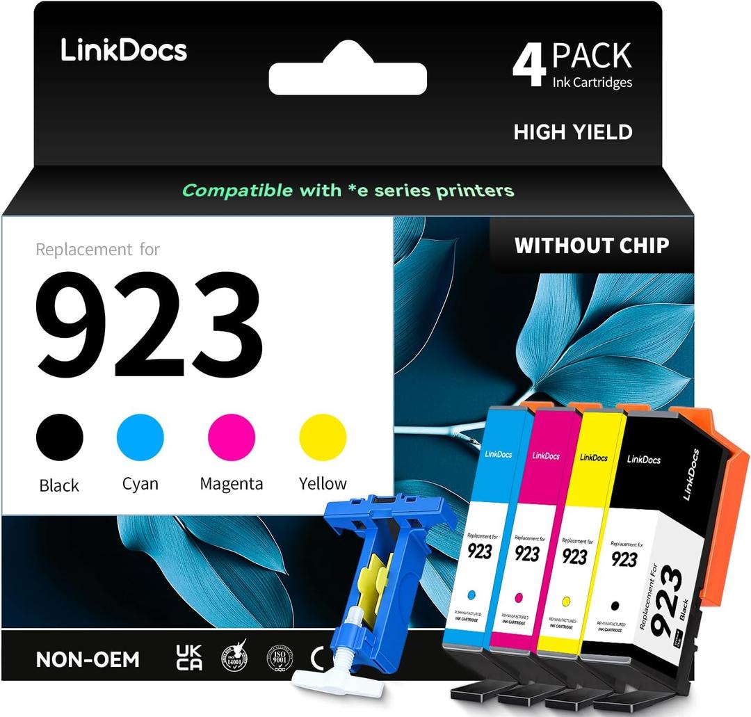 LinkDocs 923 Ink Cartridges Combo Pack Compatible Replacement for HP 923 Ink Cartridges 923XL Work with OfficeJet Pro 8130 8135e 8138e 8139e OfficeJet 8120 8122e Printer, 4-Pack Without Chip