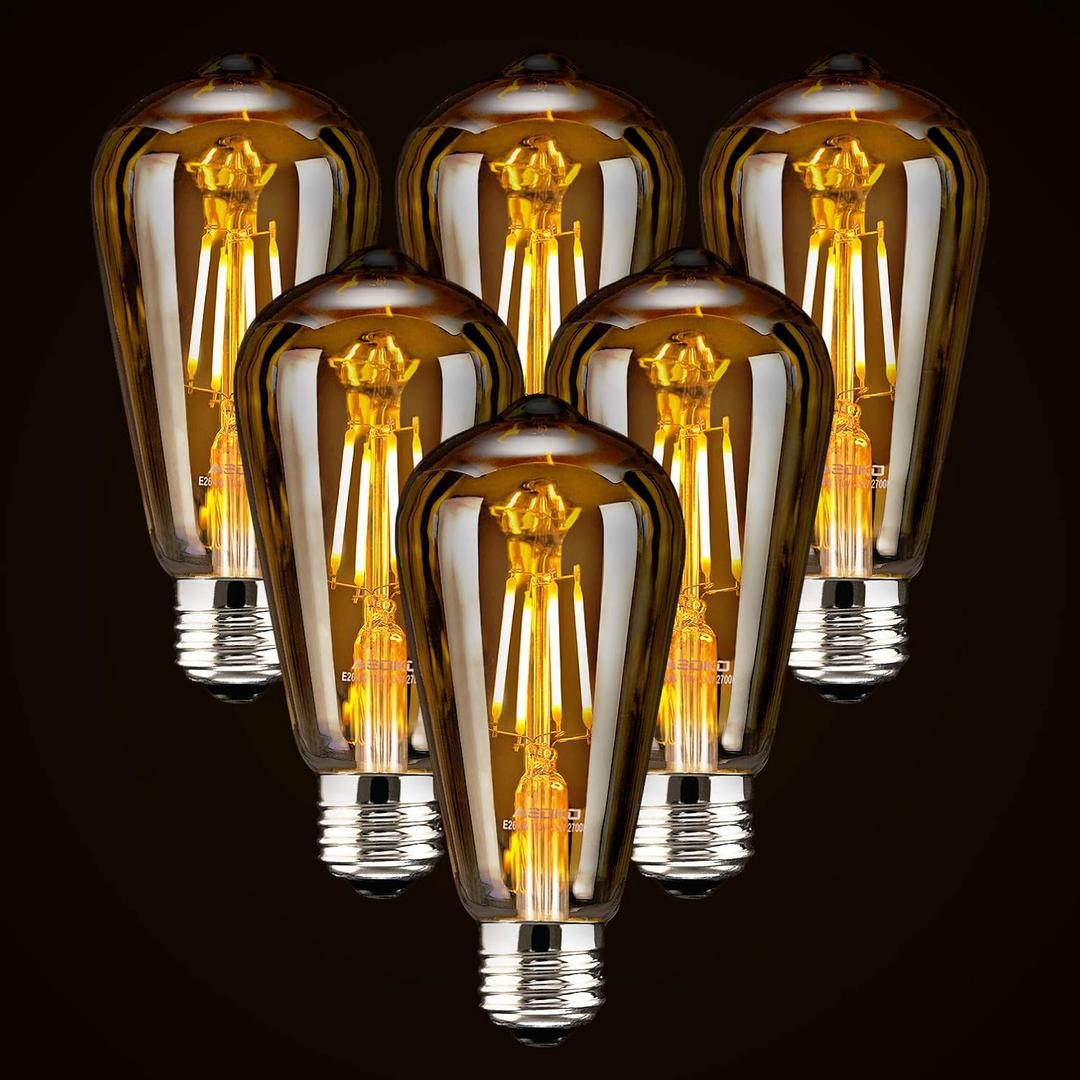 LED Dimmable Edison Light Bulbs 4W, 2200K-2400K Warm White (Amber Glass) ST64, E26 Base Pack of 6