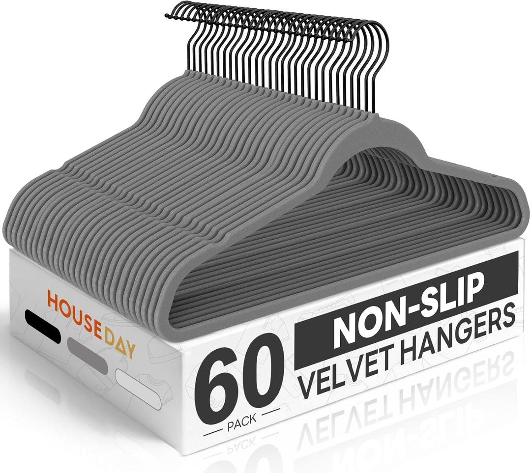 HOUSE DAY Grey Velvet Hangers 60 Pack, Non Slip Felt Hangers, Heavy Duty Velvet Clothes Hanger, Ultra Slim Hanger Space Saving, Perfect for Shirt, Suits, Pants (Gray)