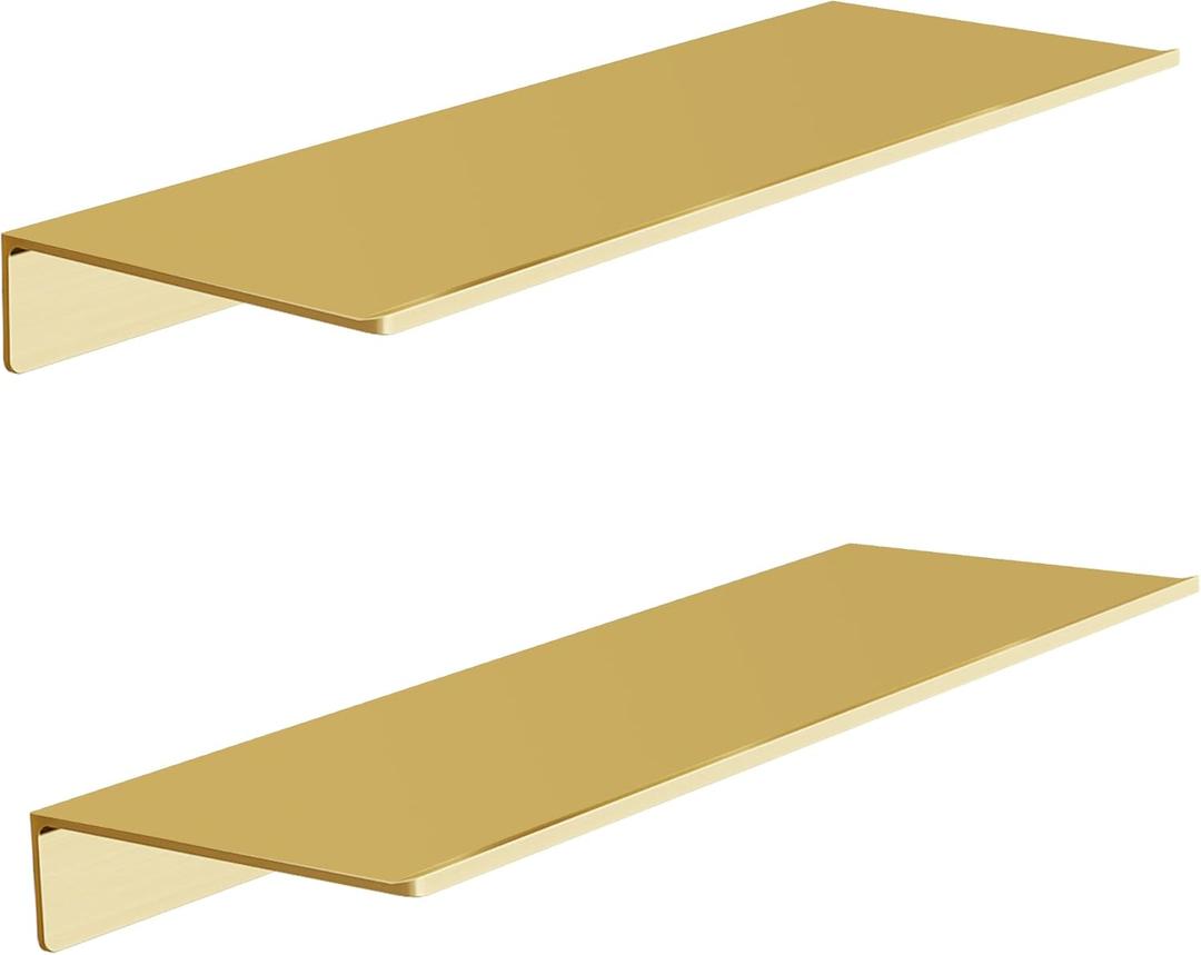 Metal Floating Shelves, Set of 2, Brushed Gold Wall Shelves Picture Ledge, Shower Caddy Wall Mounted, Decorative Display Shelf for Bedroom, Living Room, Bathroom, Office (15.6 x 4.9 inch)