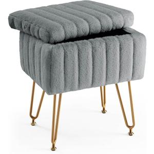 MyDepot Vanity Stool Chair with Storage, Ottoman Faux Fur Soft Padded Modern Cute Small Footrest for Home Entryway Bedroom - Light Gray