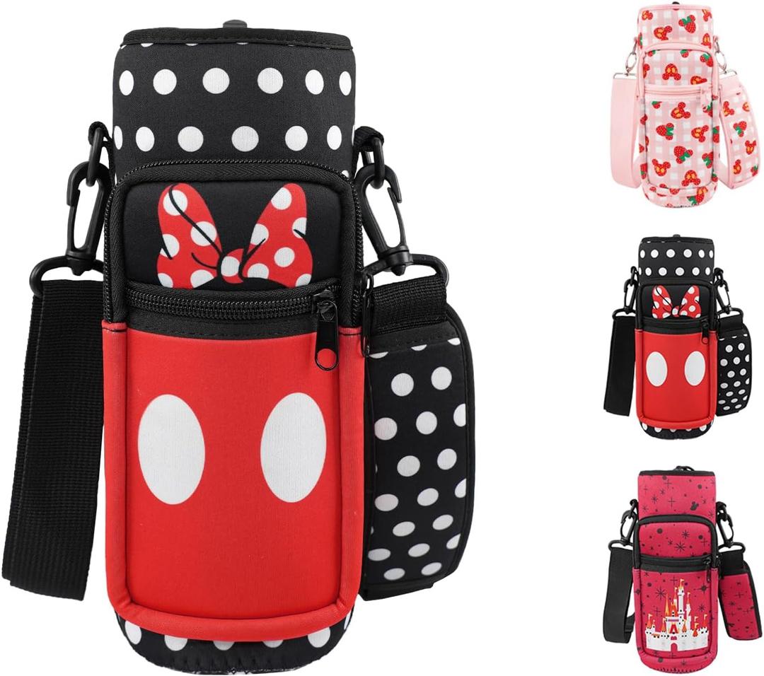 Water Bottle Carrier Bag 25oz/32oz Water Bottle Pouch Holder Adjustable Shoulder Strap Neoprene Water Bottle Sling Bag with Phone Pocket Insulated Tumbler Accessories for Walking (Black Red)