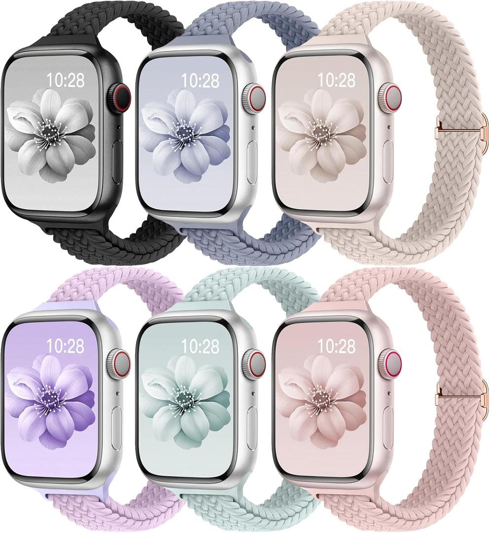 Slim Braided Bands for Apple Watch Band 40mm 41mm 42mm 38mm 46mm 44mm 45mm 49mm Women,Stretchy Solo Loop Nylon Elastic Thin Narrow Skinny Strap for iWatch Ultra 3/SE 3 Series 11 10 9 8 7 6 5 4 3 2 33 (02-black/blue gray/starlight/lavender/turquoise/pink sand)