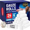 Gauze Rolls - 24 Pack - 4" x 4.1yd Breathable Rolled Gauze - Individually Wrapped with Bonus Tape - First Aid Conforming Stretch Wrap for Wounds - Mummy Wrap