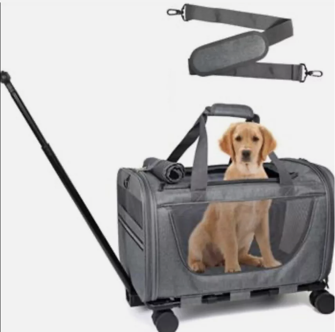 Cat Carrier with Wheels for Dogs, Telescopic Handle Pet Travel Bag,Trolley Rolling Carriers for Small Medium Animals Kitten Puppy, Gray