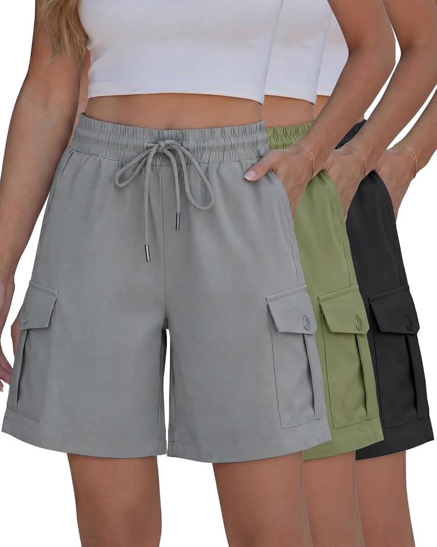 Cuffbow 3 Pack Hiking Cargo Shorts for Women 7 Inch Inseam Lightweight Athletic Summer Casual Bermuda High Waisted 4 Pockets, Large