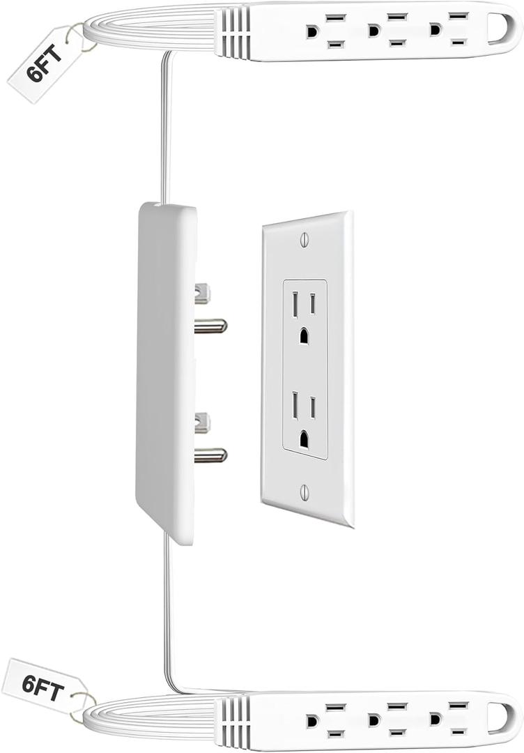 Dual 6FT Ultra-Thin Outlet Concealer, Universal Size Outlet Cover 6FT Twin Extension Cord with 3 Outlets Each Side, Ideal for Home Appliances on Opposite Sides of a Wall Outlet