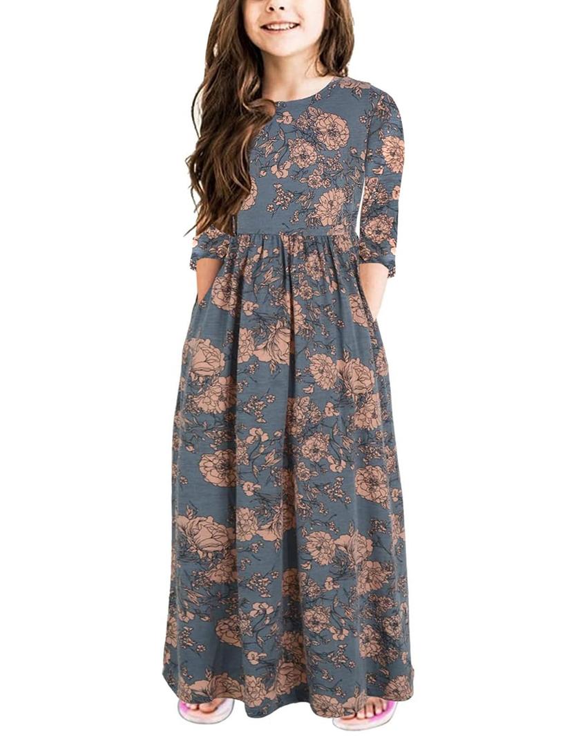 21KIDS Girls Maxi Dress Floral 3/4 Long Sleeve Dresses with Pockets for Girls 12 Years