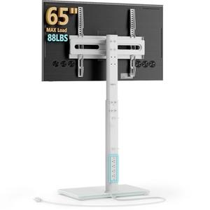AX WABER Floor TV Stand with Power Outlet, Universal TV Stand Mount for 27-65 inch TV up to 88lbs, 70 Degree Swivel 9 Level Height Adjustable with Tempered Glass Base for Bedroom, Office White