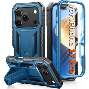 FNTCASE for iPhone 17 Pro Case: Military Grade Drop Proof Protection Mobile Cover with Kickstand | Matte Textured Rugged Shockproof TPU | Protective Sturdy iPhone 17 Pro Phone Cases 2025 - Blue