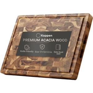 Koppen Acacia Wood End Grain Cutting Board, Knife-Friendly Butcher Block with Juice Groove, Inner Handles, Reversible Heavy-Duty Serving & Chopping Board, Gift Box Included, Natural Color (Medium), 17"L x 13"W